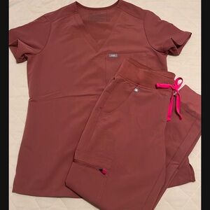 Stylish Brown Scrub Set with Pink Ties